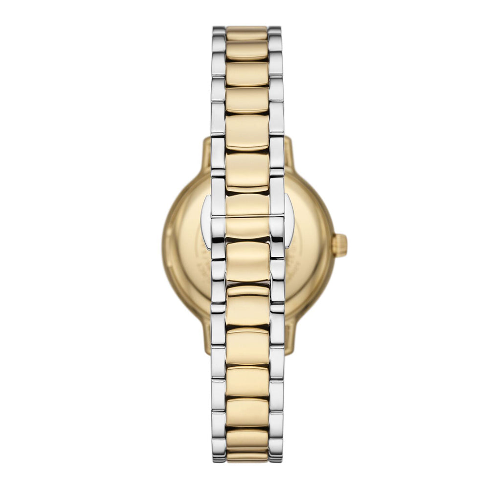 Emporio Armani Cleo watch side view displaying two-tone stainless steel and gold-tone case and bracelet