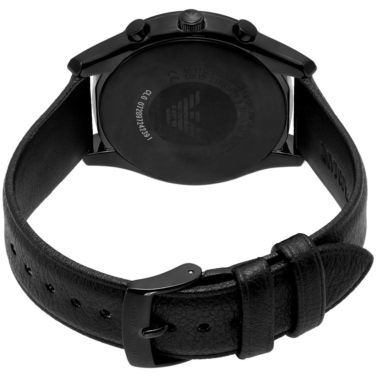 Emporio Armani AR11583 caseback showing Emporio Armani eagle logo and watch specifications