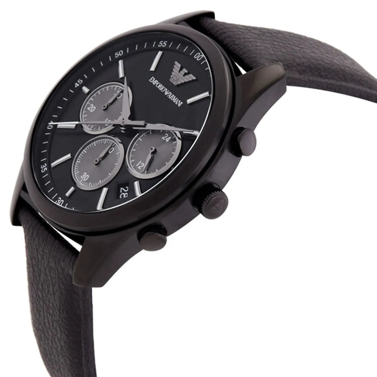 Emporio Armani AR11583 chronograph watch side view showing case profile and black leather strap