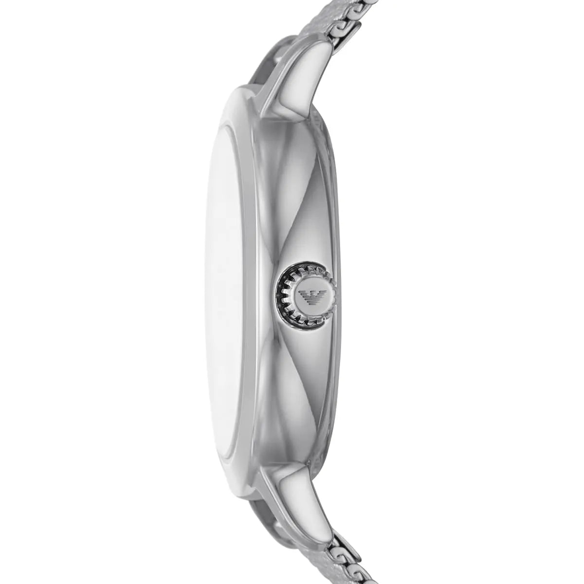 Emporio Armani women's watch shown from behind with mesh bracelet and clasp visible