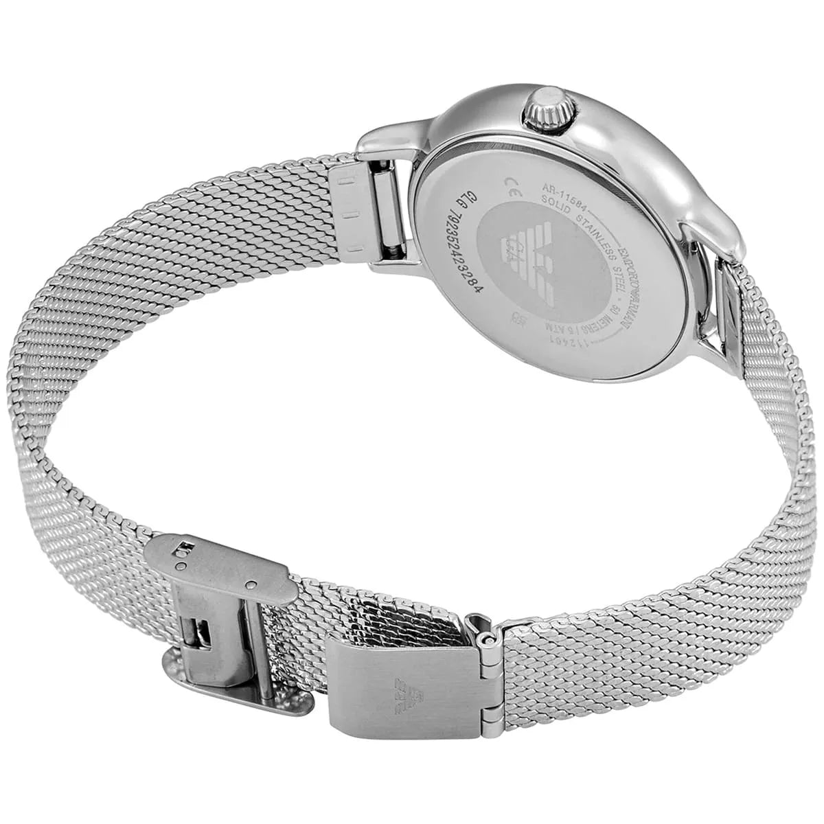 Emporio Armani AR11584 caseback showing stainless steel mesh bracelet and closure