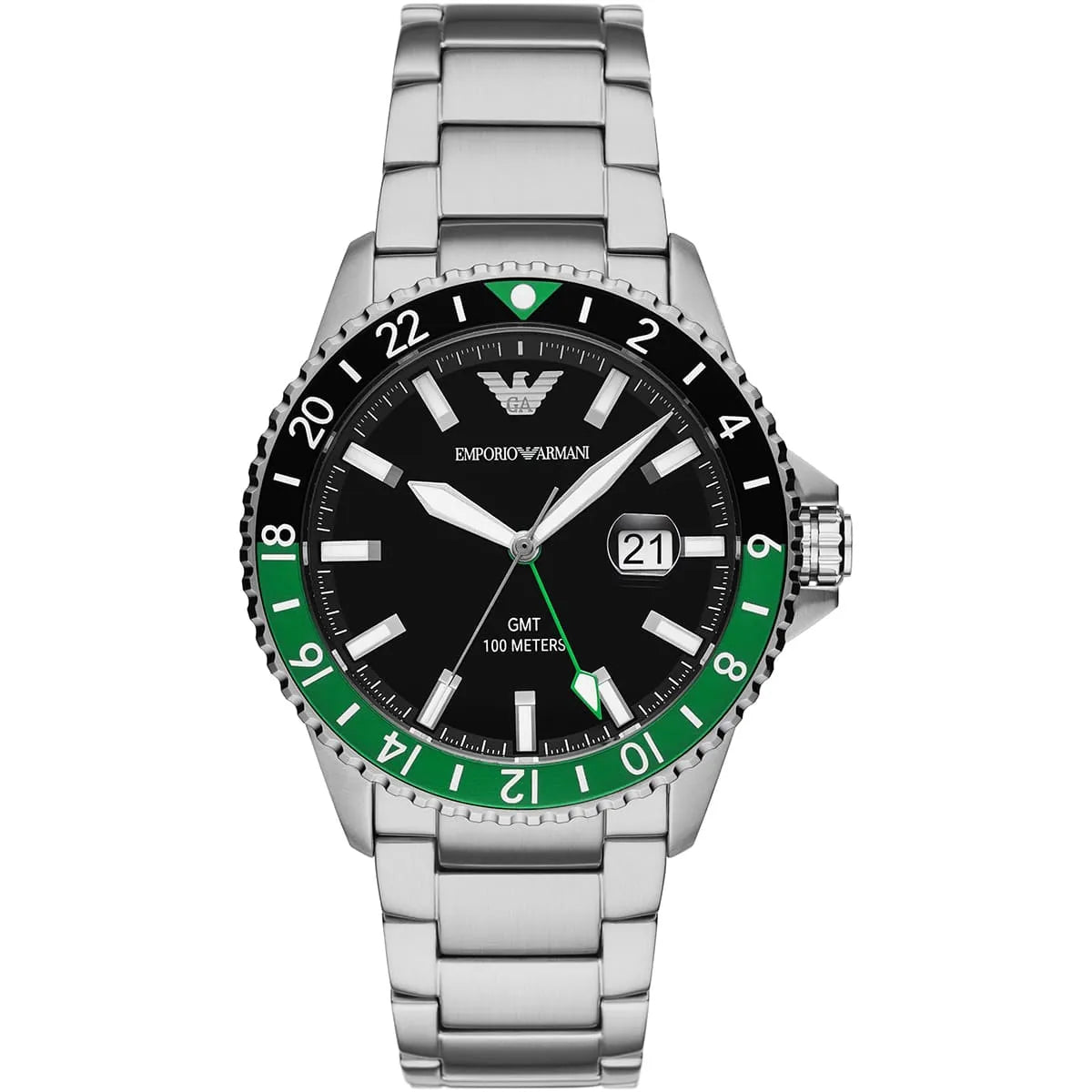Emporio Armani Diver GMT Black Enamel Dial Silver Men's Watch - AR11589