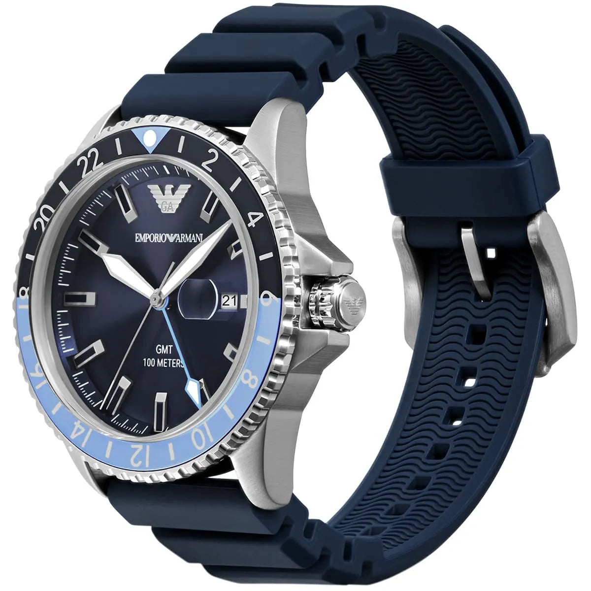 AR11592 Emporio Armani Sea Explorer watch side view showing stainless steel case and navy rubber strap