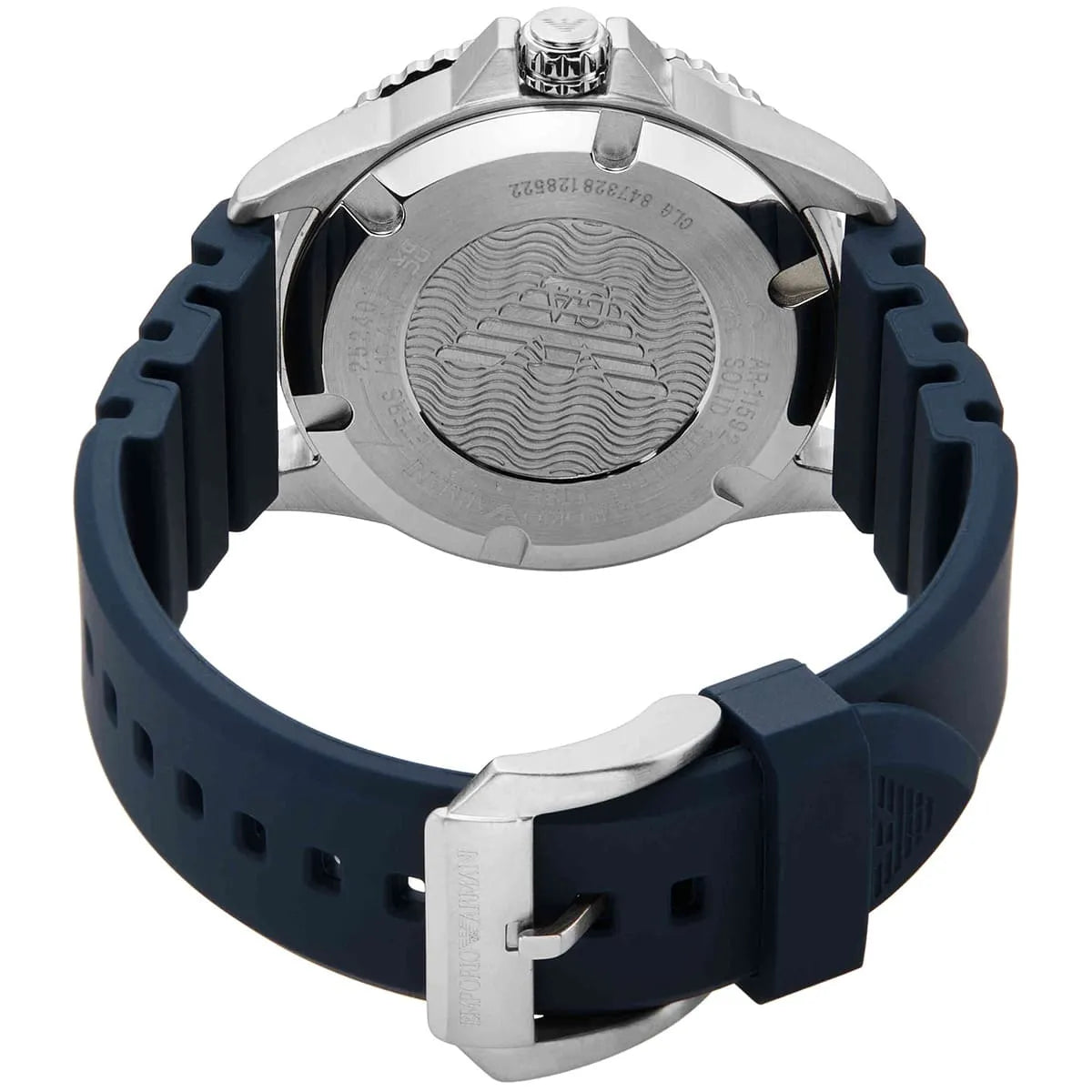 AR11592 Emporio Armani watch caseback showing wave pattern engraving and eagle logo