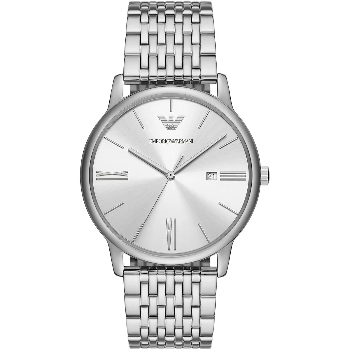 Emporio Armani AR11599 watch front view with silver dial and stainless steel bracelet