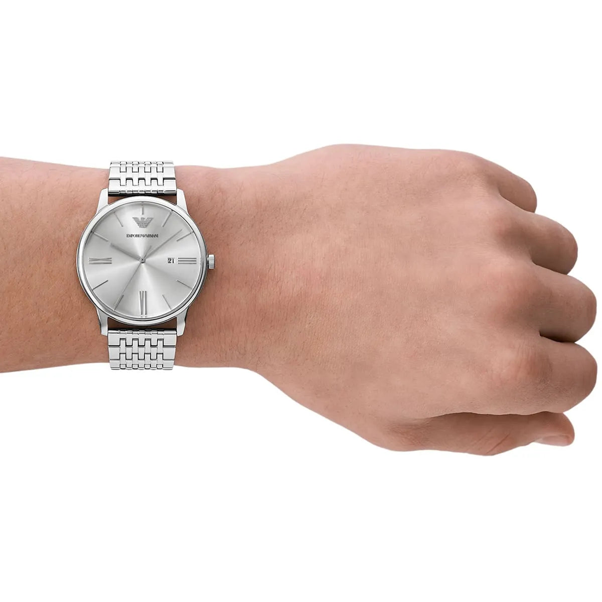 AR11599 Emporio Armani watch on wrist showing fit and silver dial in daylight