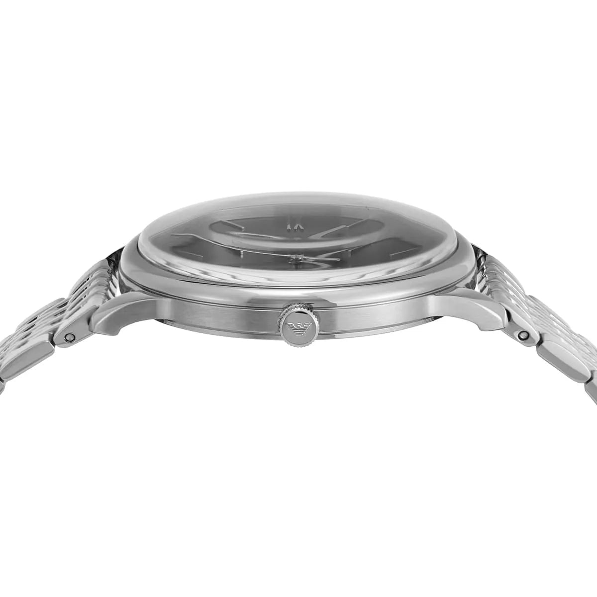 Top-down view of Emporio Armani AR11600 watch dial and case showing Roman numerals and date window