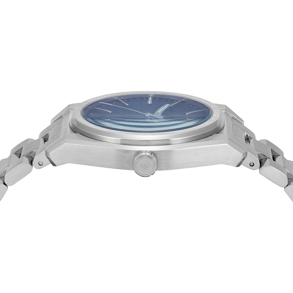 Emporio Armani Federico dial detail showing blue sunburst finish and white hands