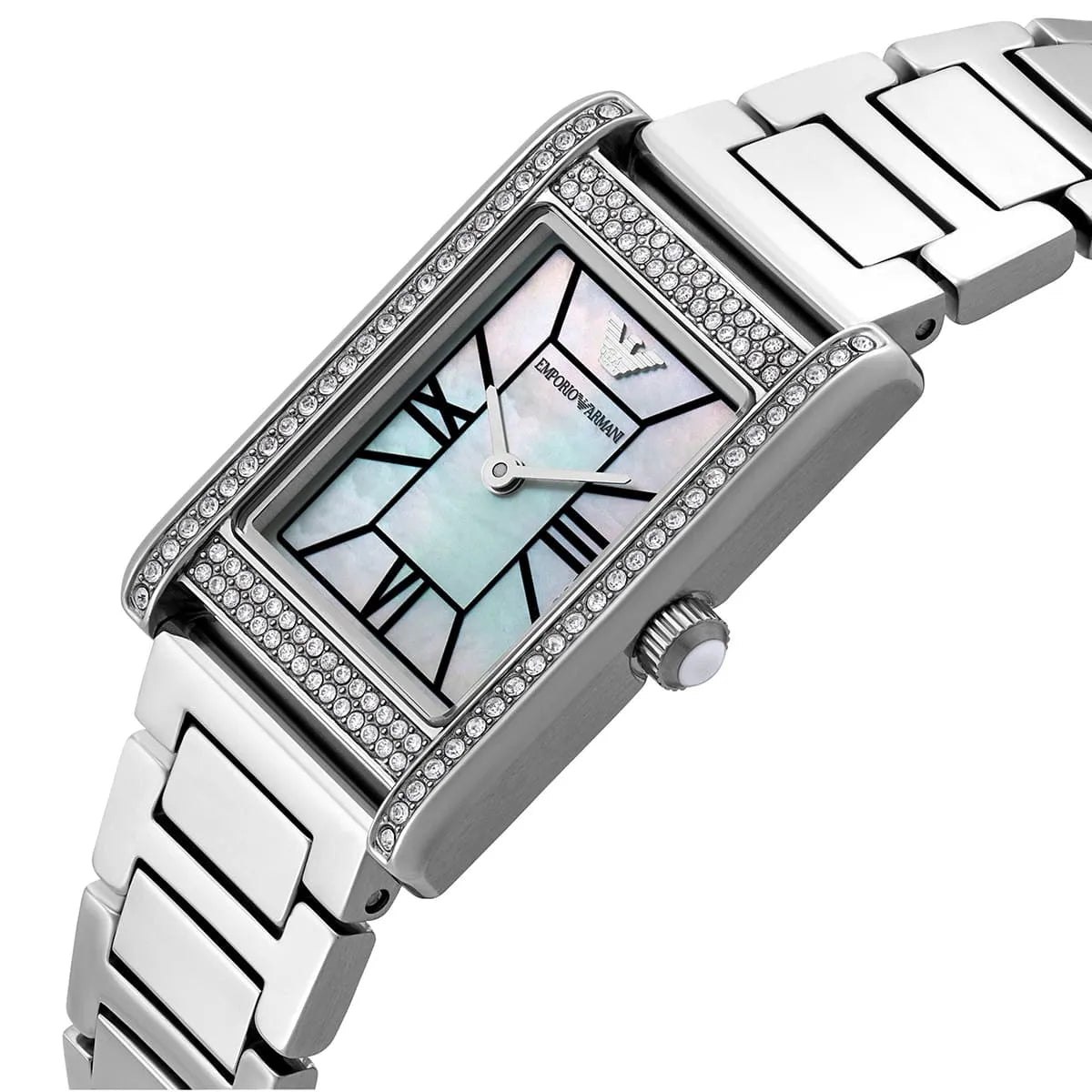 Emporio Armani Empire AR11625 angled view showing mother of pearl dial with Roman numerals and crystal bezel detail
