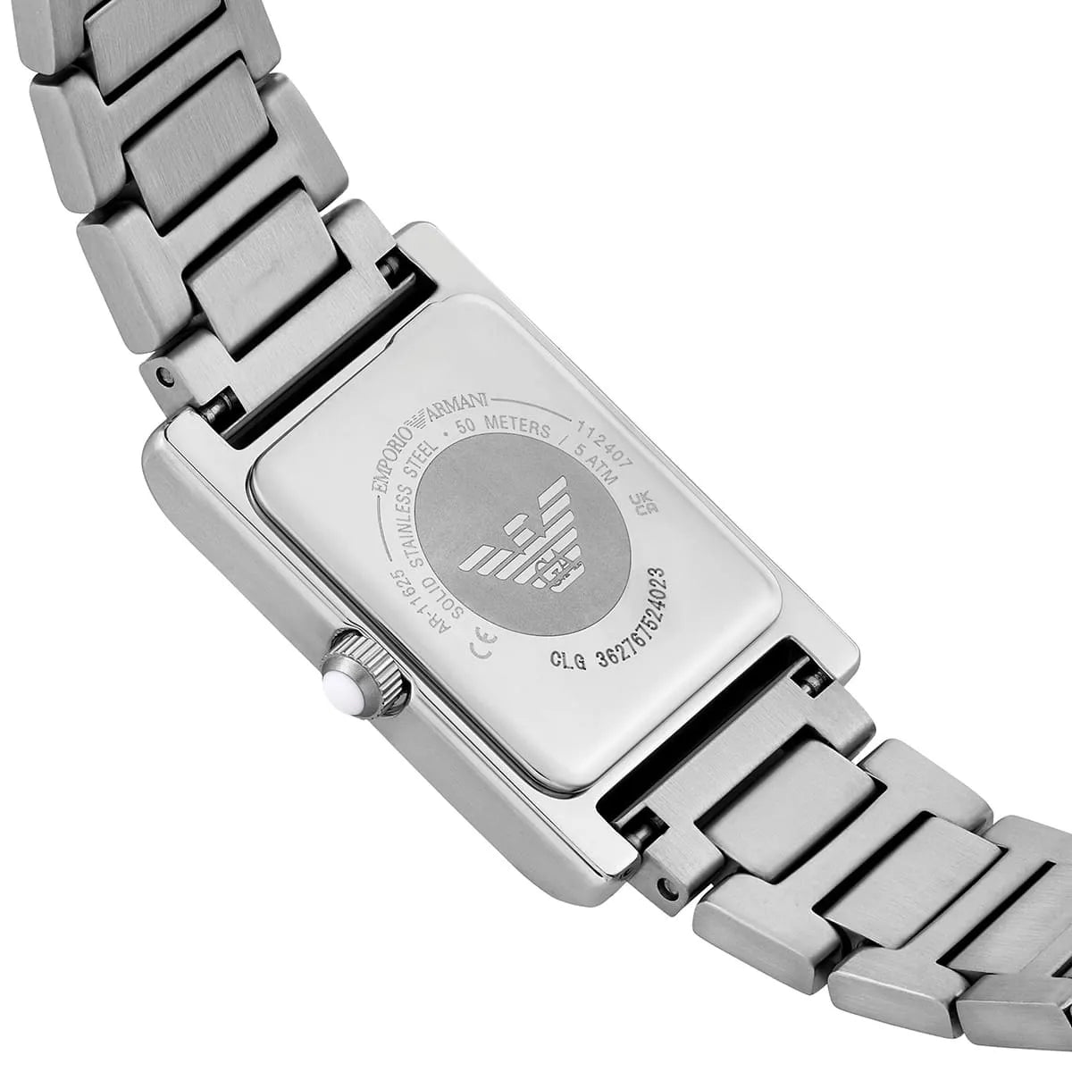 Emporio Armani Empire AR11625 caseback showing eagle logo and stainless steel metal composition