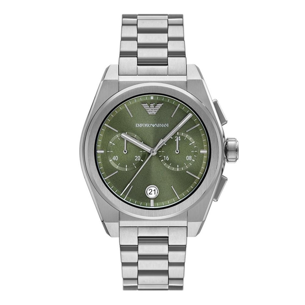 Emporio Armani Federico chronograph watch with green dial and silver steel strap