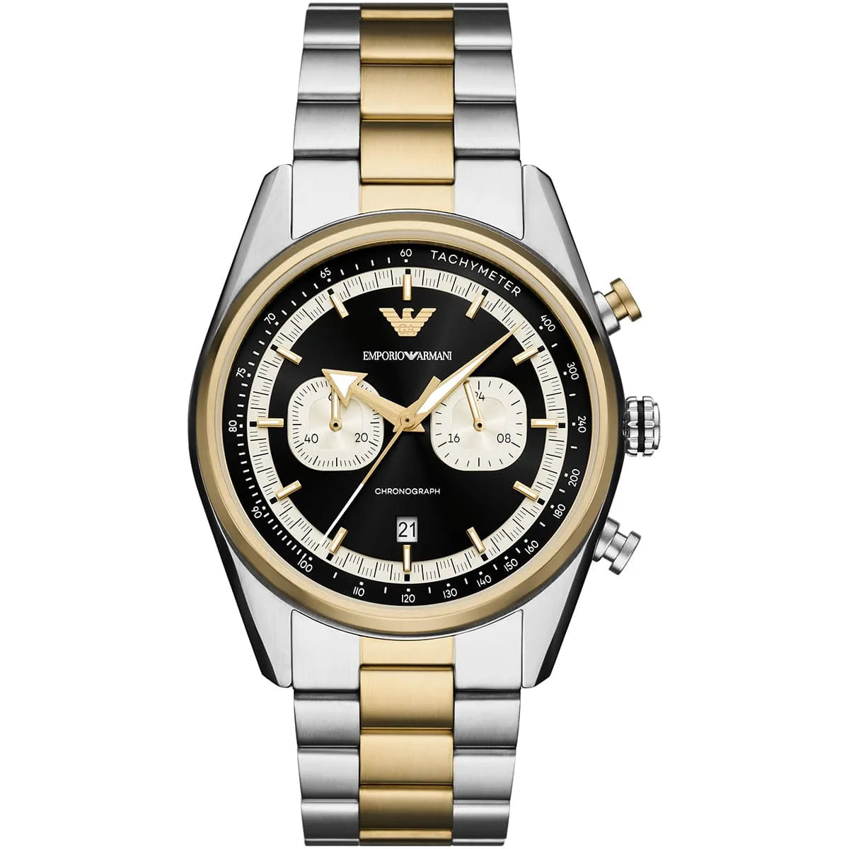 Emporio Armani Racer chronograph watch with black dial, white subdials, two-tone steel and gold strap