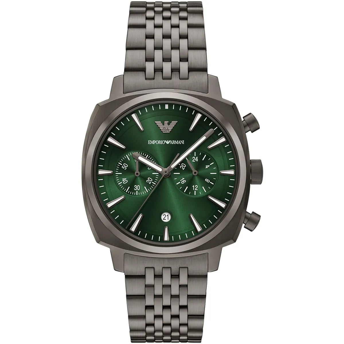 Emporio Armani AR11689 Ruggero men's chronograph watch with green dial and gunmetal stainless steel bracelet