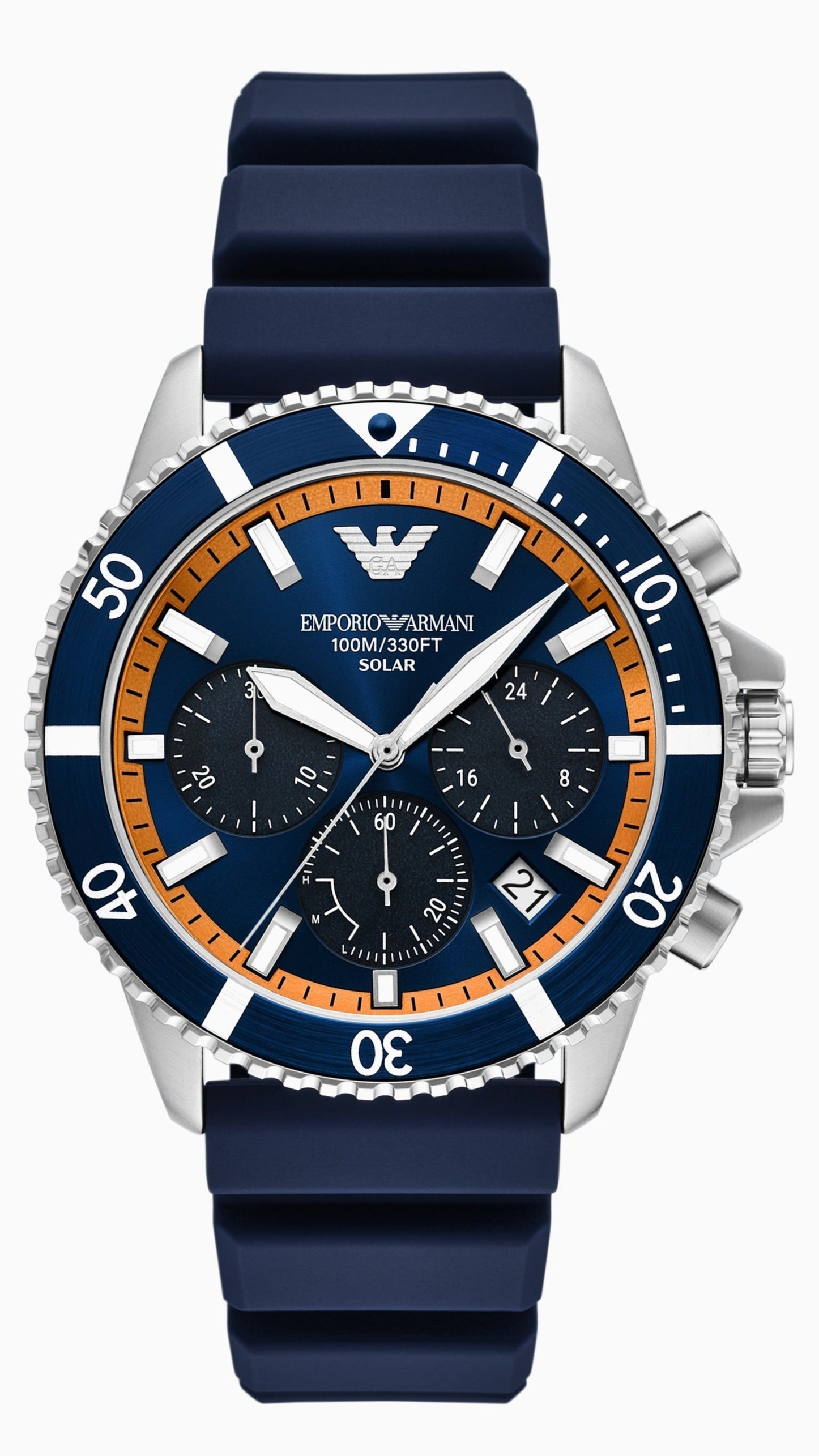 Emporio Armani World Explorer AR11696 blue dial chronograph with orange bezel and blue silicone strap
