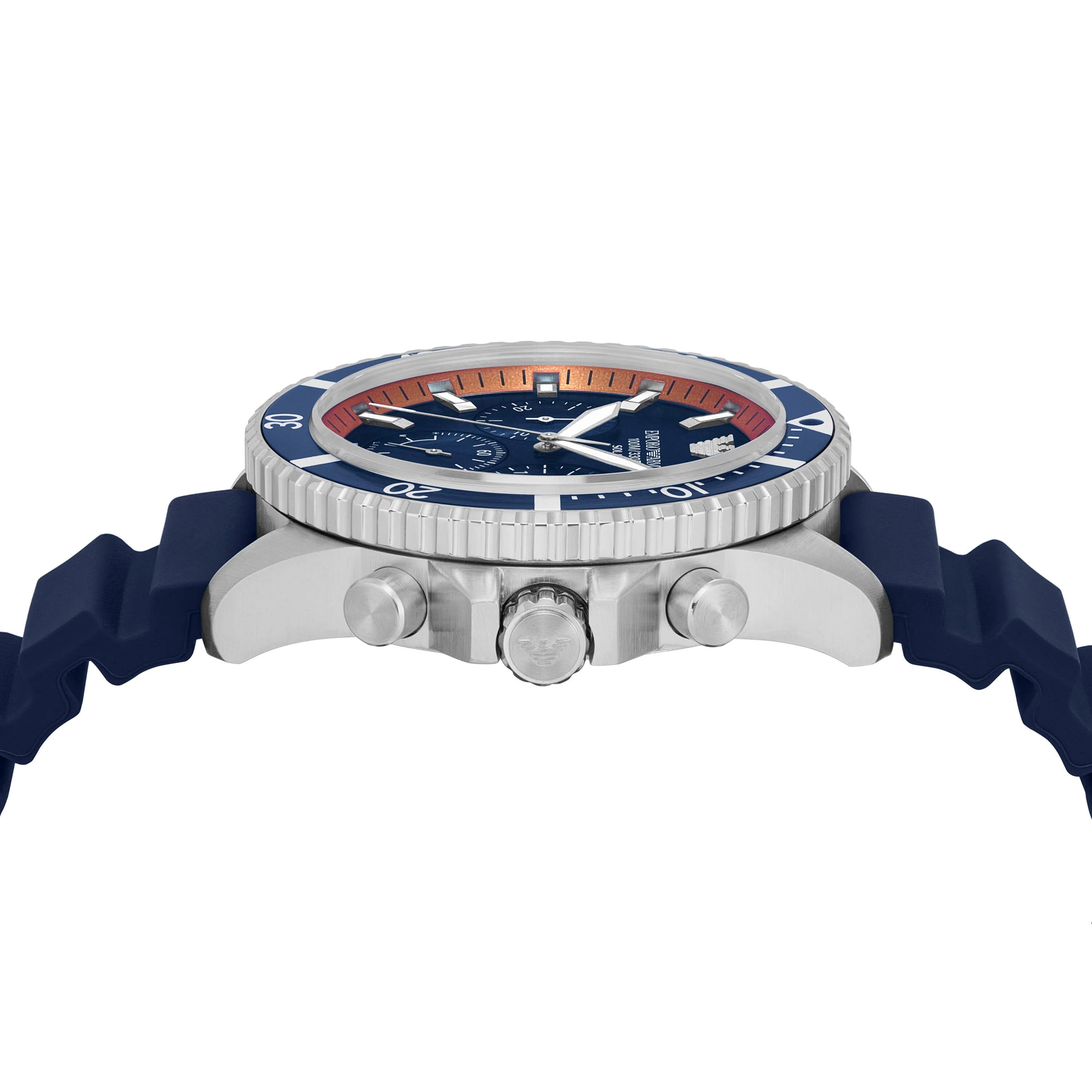 Emporio Armani World Explorer AR11696 three-quarter view of dial and stainless steel case
