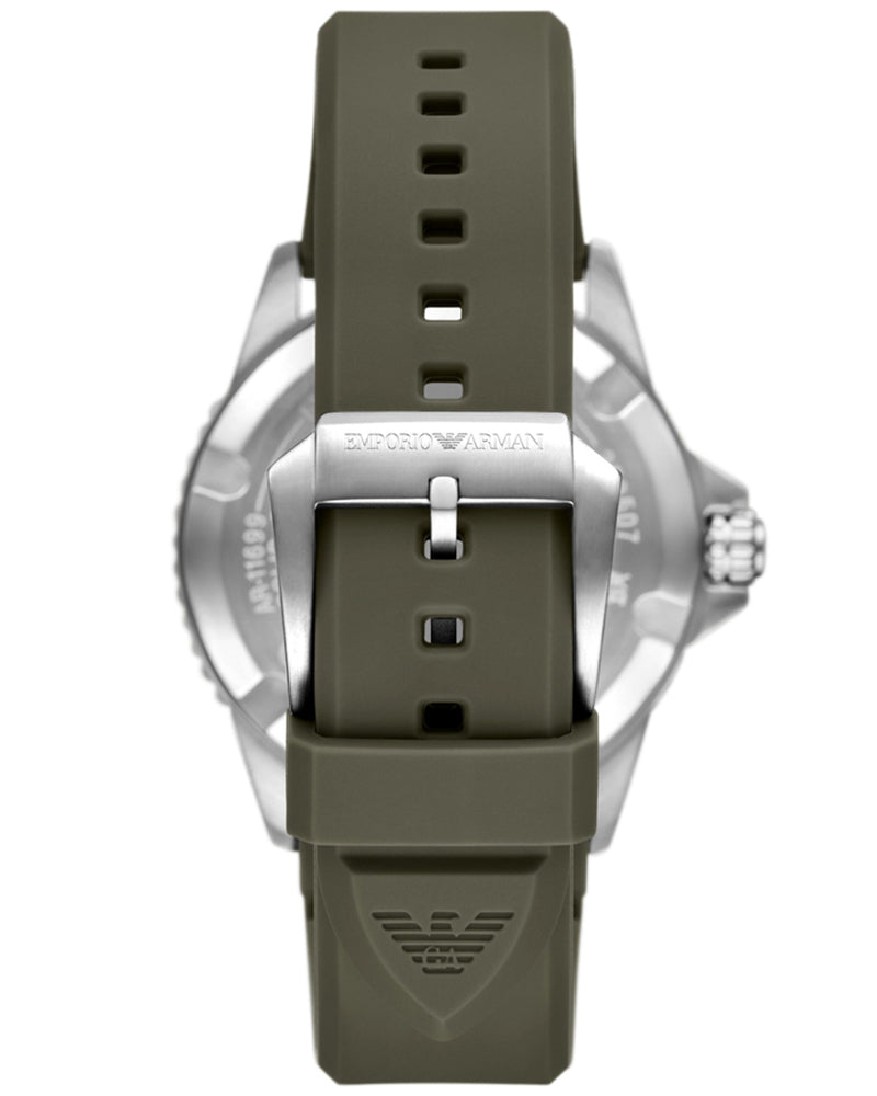 Caseback view of AR11699 with Emporio Armani branding and green strap