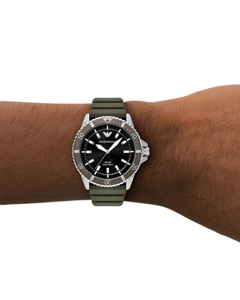 AR11699 Emporio Armani watch on wrist with green silicone strap