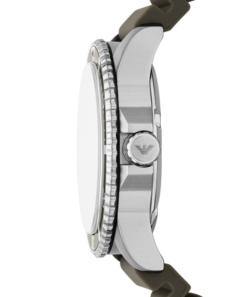 Side profile of AR11699 watch showing case and green strap