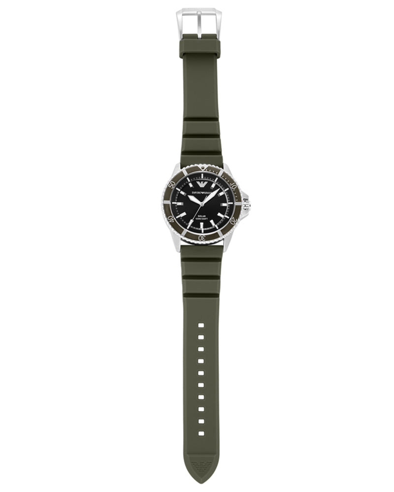 Full strap view of AR11699 green silicone band with watch case