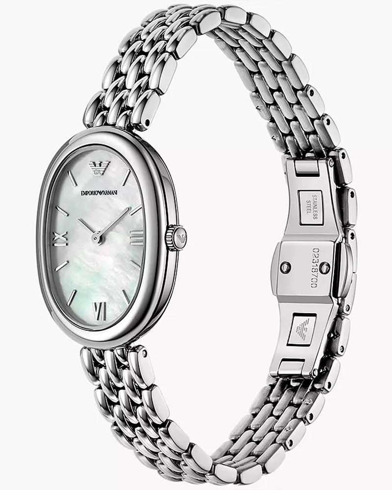 Emporio Armani AR11706 side angle view showing oval case profile and stainless steel link bracelet