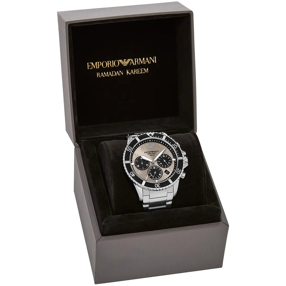 AR11722 Emporio Armani World Explorer open box with watch, certificate, and documentation