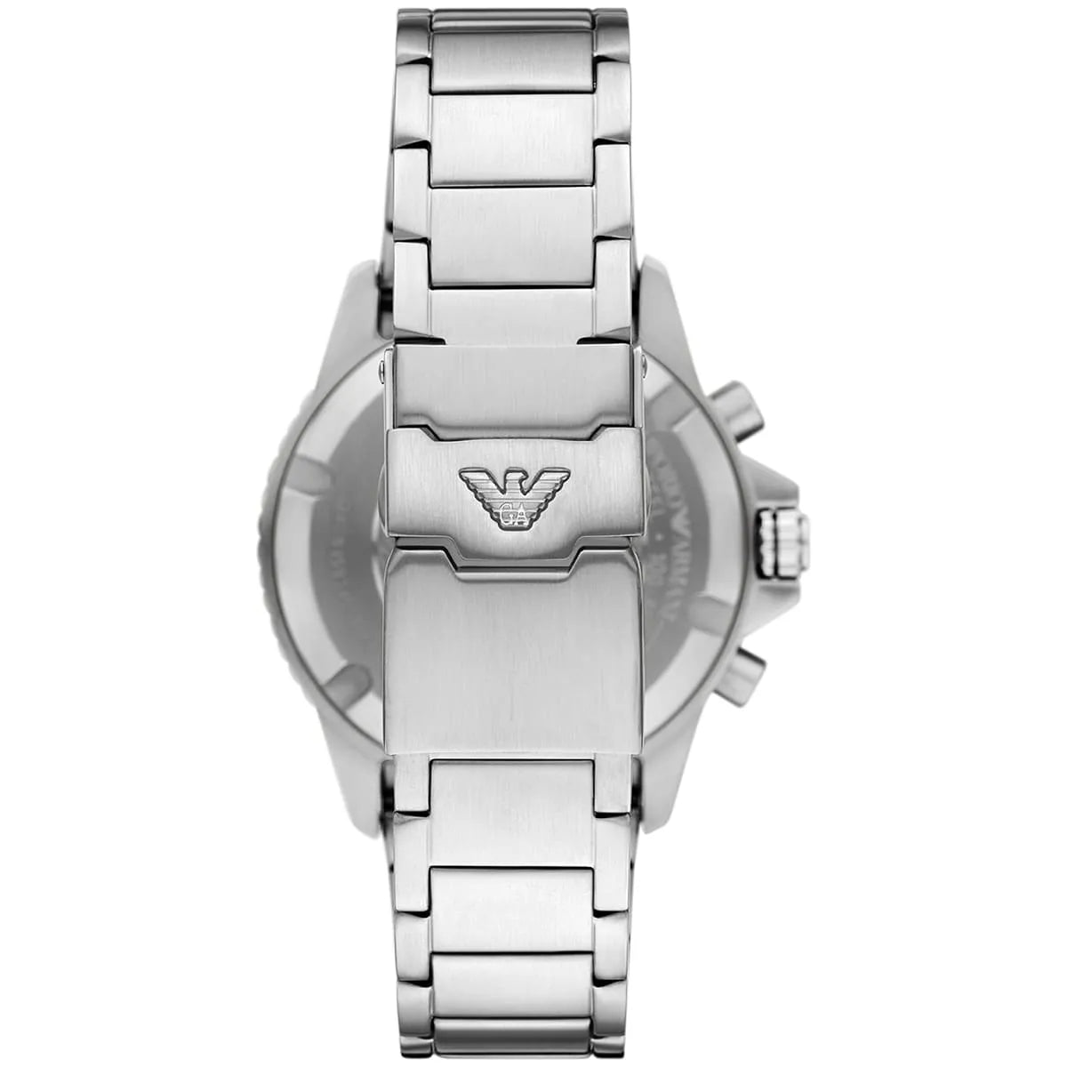 Caseback view of AR11722 Emporio Armani chronograph with stainless steel bracelet and Emporio Armani logo