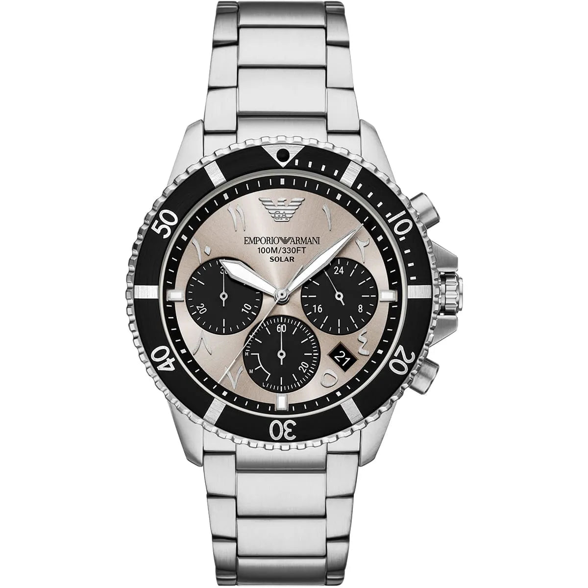 Emporio Armani World Explorer AR11722 men's solar chronograph watch with gray dial and stainless steel bracelet