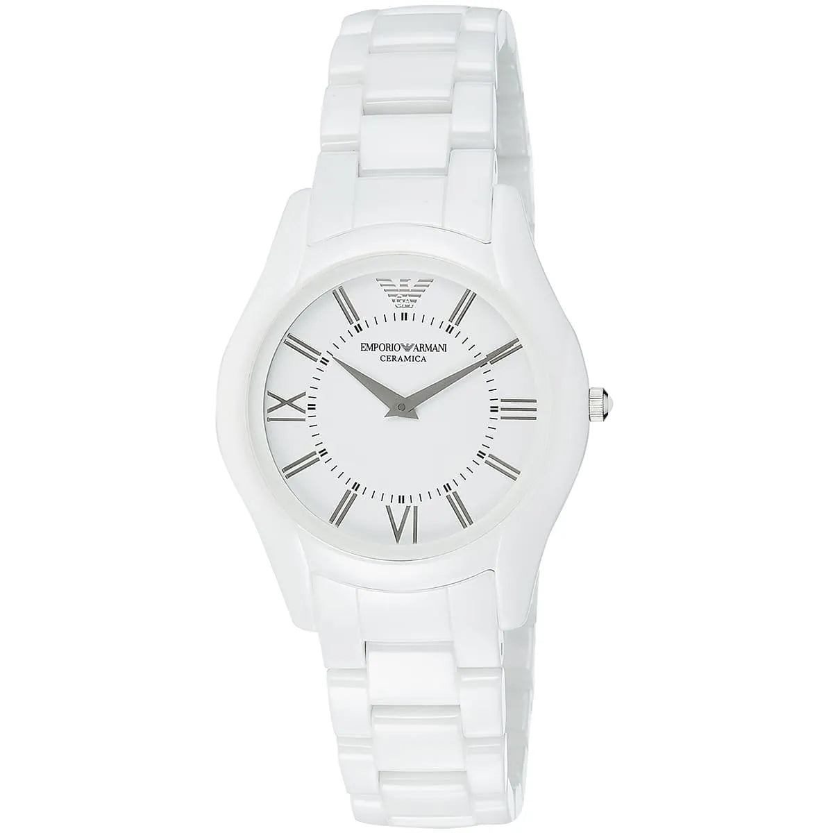 AR1443 Emporio Armani ceramic women's watch at angle showing white case and bracelet