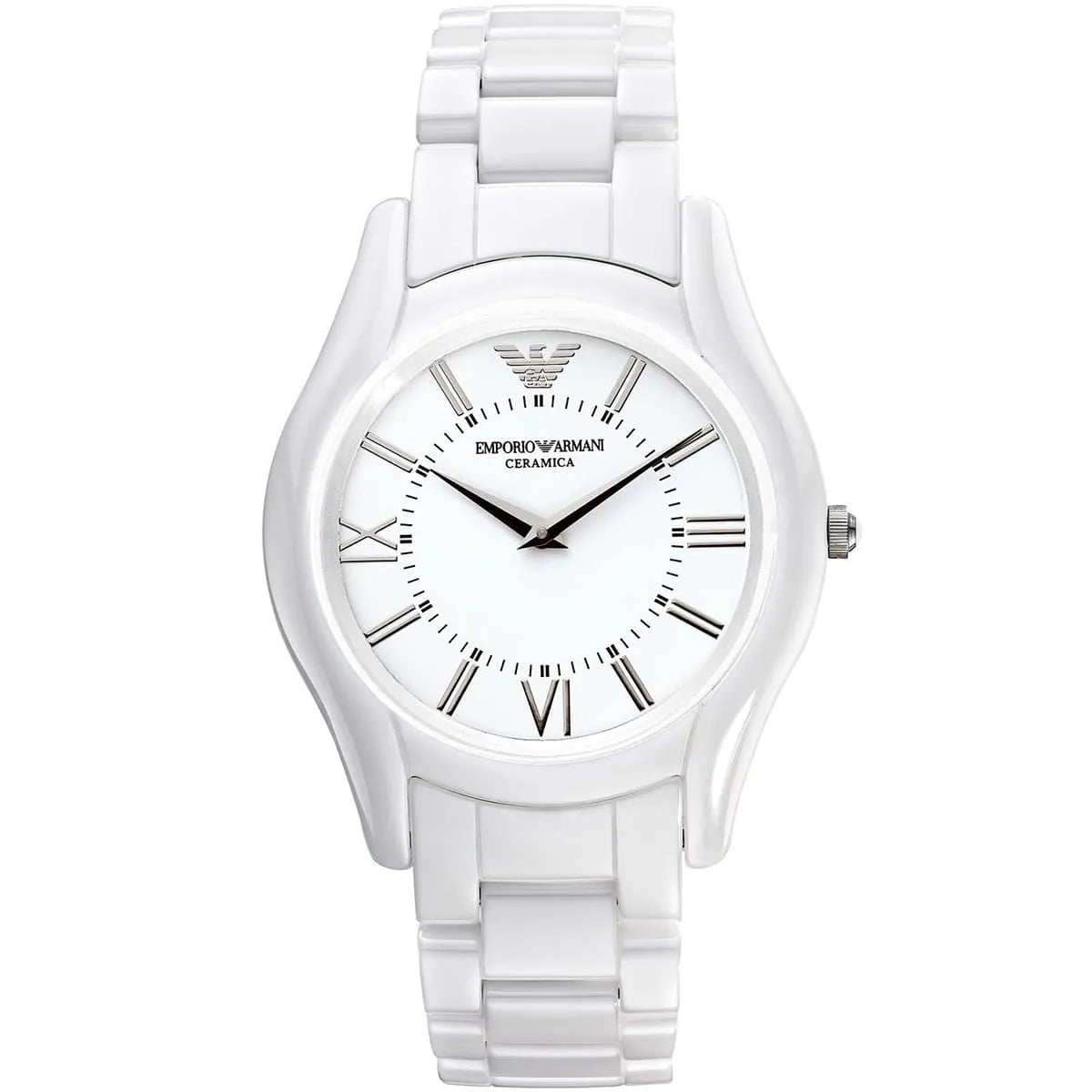 Emporio Armani AR1443 white ceramic women's watch with Roman numeral dial and ceramic bracelet