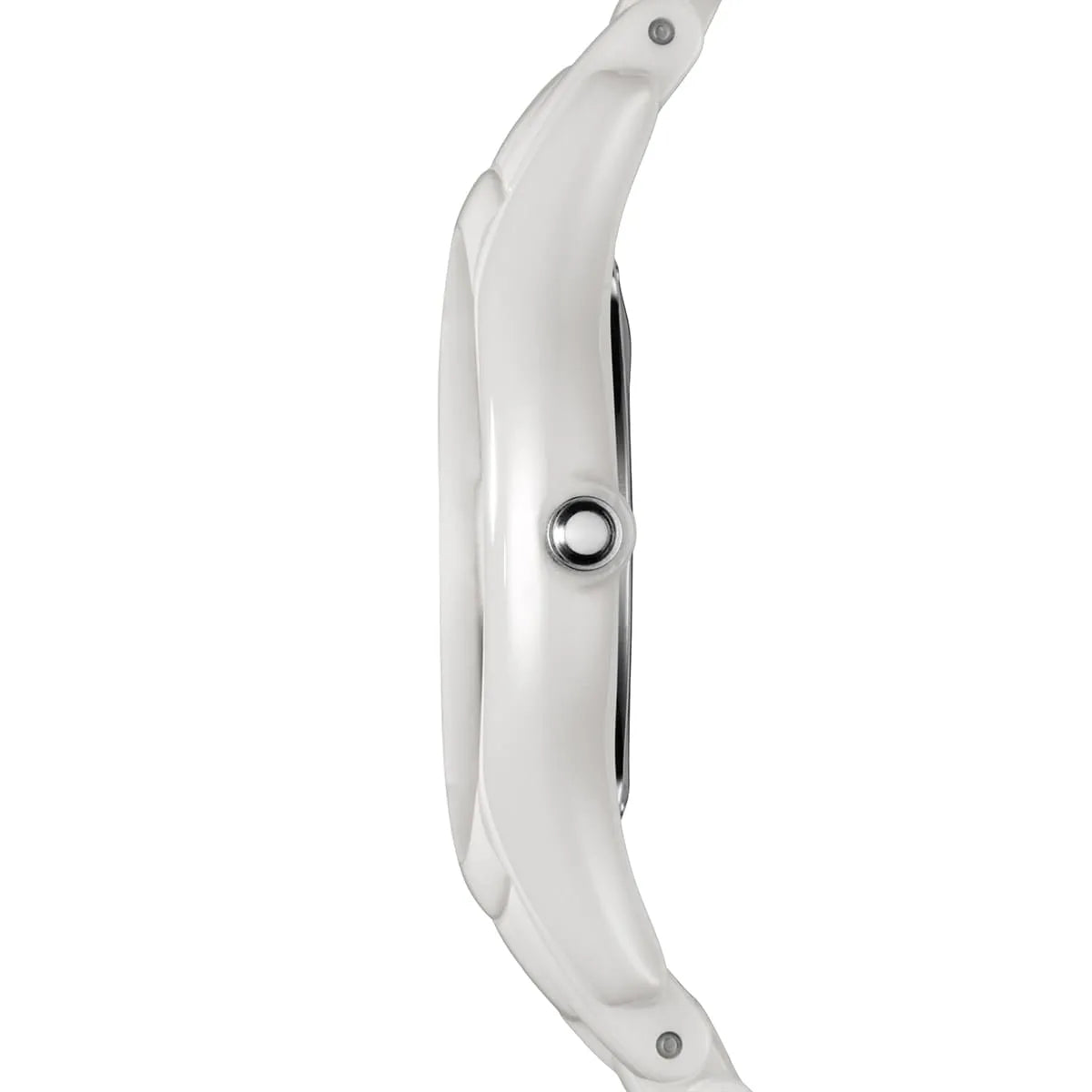 Side profile of AR1443 white ceramic watch case and strap