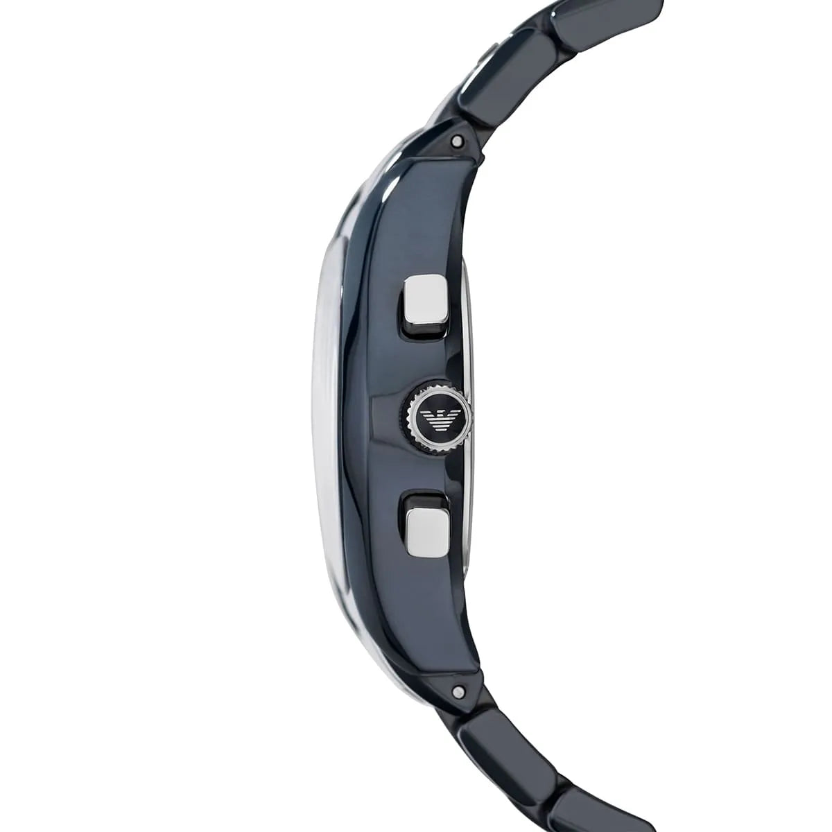 Side profile of Emporio Armani Valente 38mm showing ceramic case and strap detail