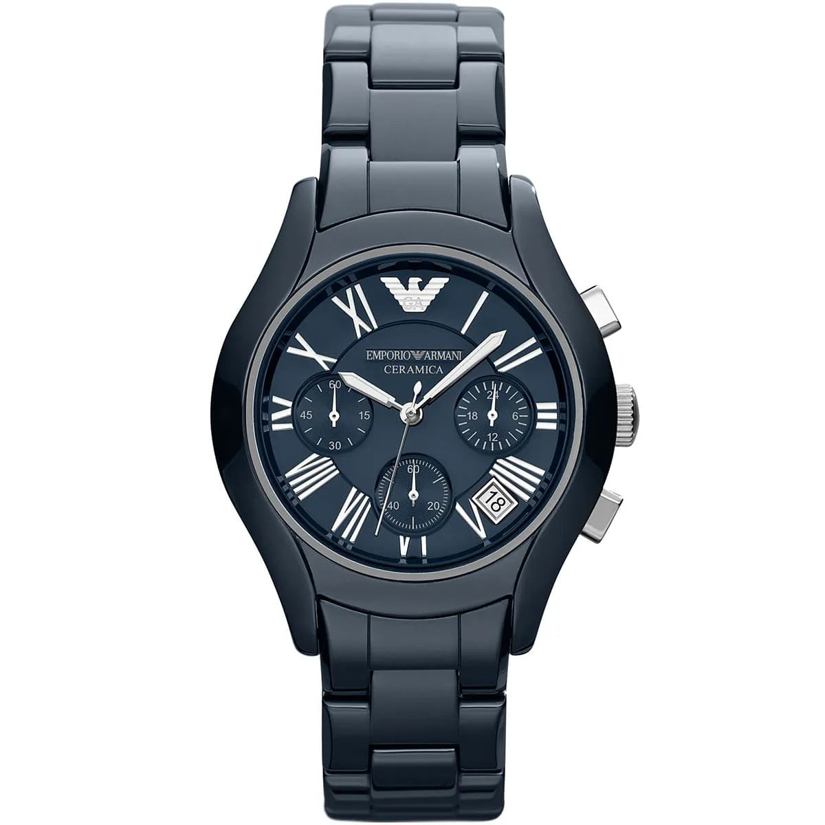 Emporio Armani Valente 38mm navy blue ceramic chronograph watch with blue dial and Roman numerals