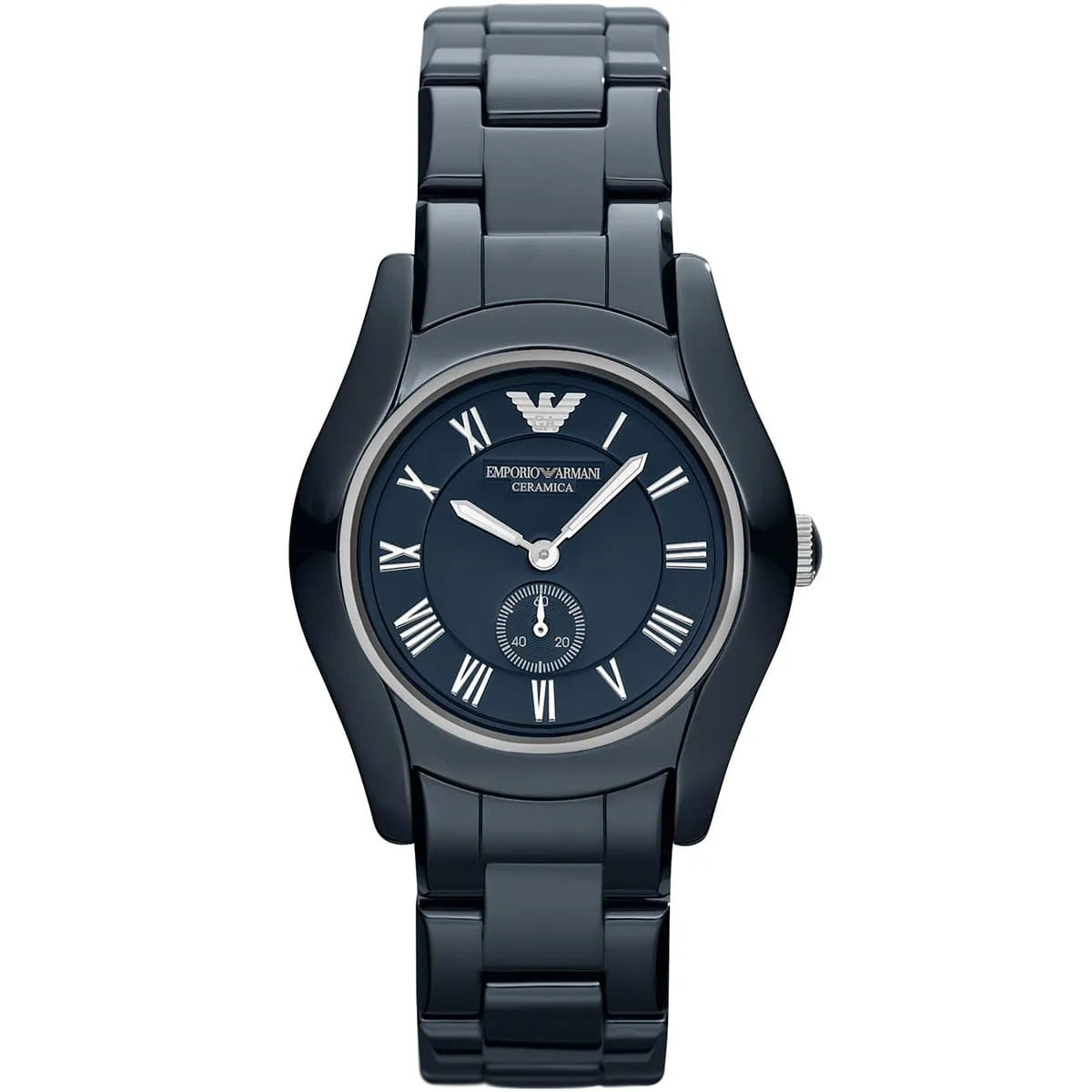 Emporio Armani Ceramica AR1471 watch with blue dial, roman numerals, and black ceramic strap