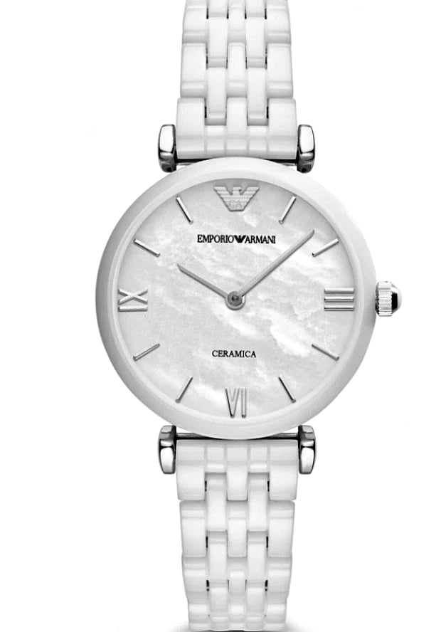 Emporio Armani white ceramic women's watch with mother-of-pearl dial and Roman numeral markers