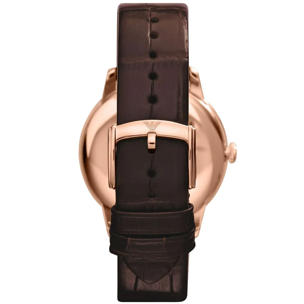 AR1613 Emporio Armani watch rear view showing rose gold case back and brown strap