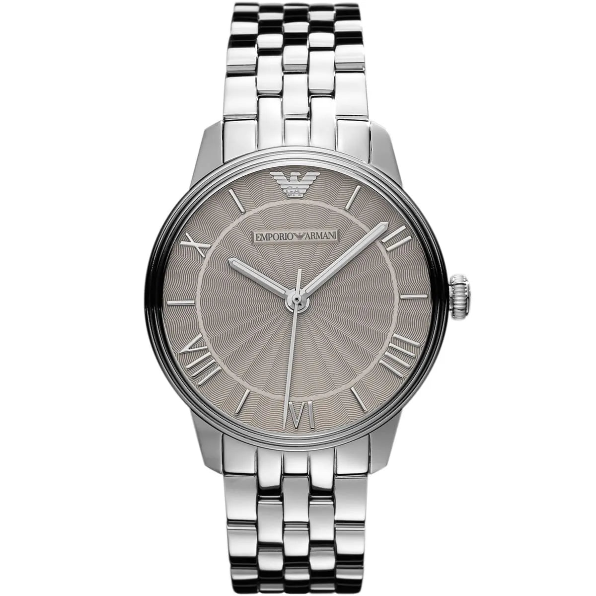 Emporio Armani AR1620 watch with grey dial, Roman numeral markers, and stainless steel bracelet