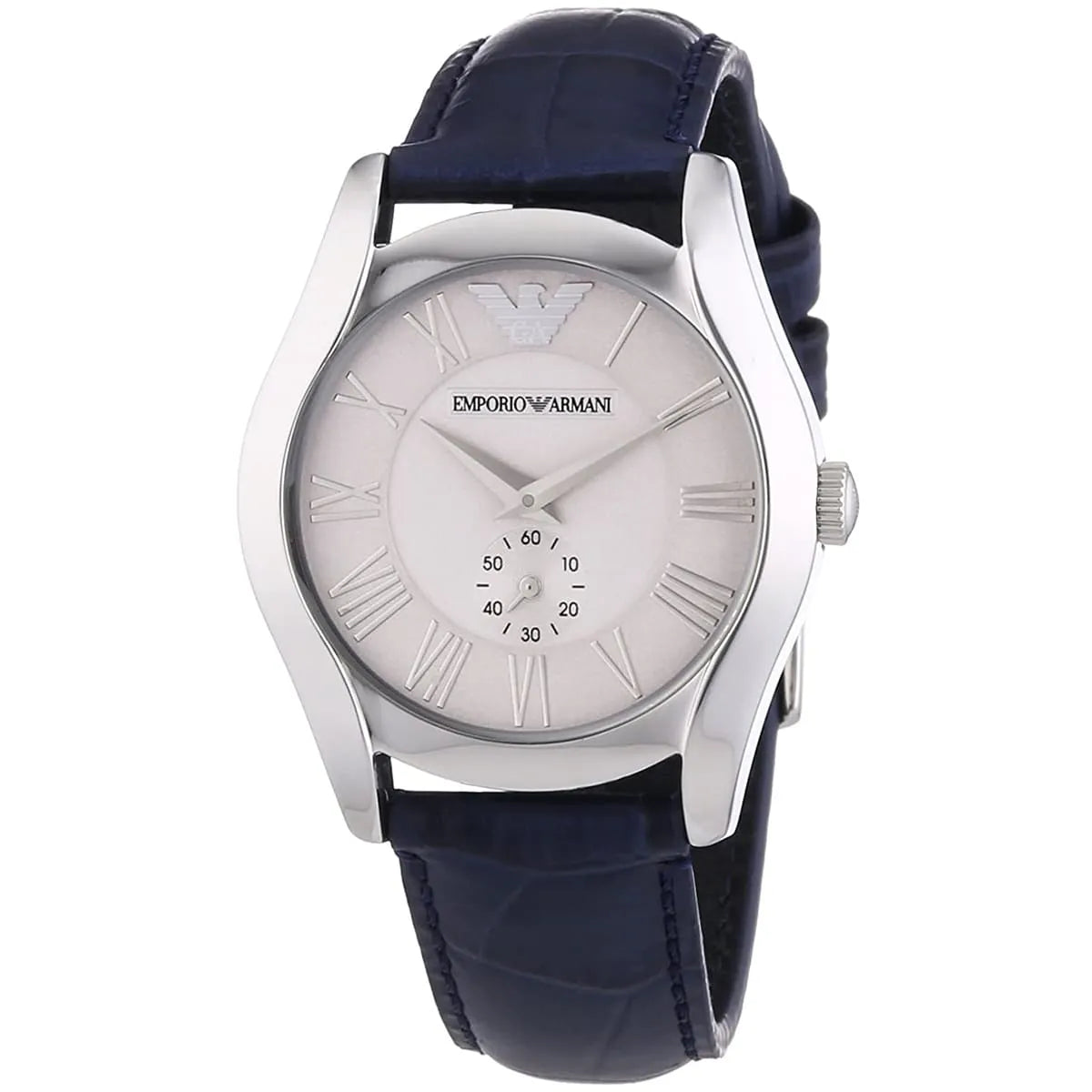 Emporio Armani AR1668 women's watch with silver dial and navy leather strap