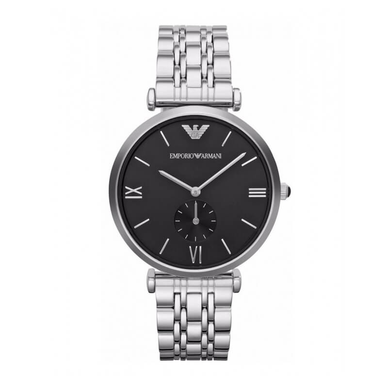 Emporio Armani AR1676 watch with black dial, Roman numerals, and stainless steel bracelet