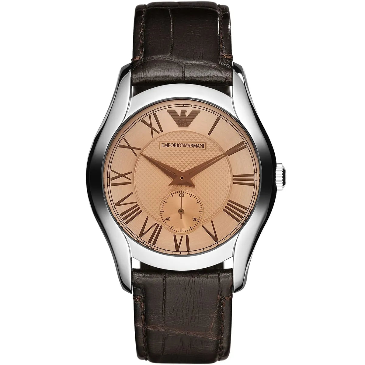 Emporio Armani AR1709 watch with amber dial, Roman numerals, and brown leather strap