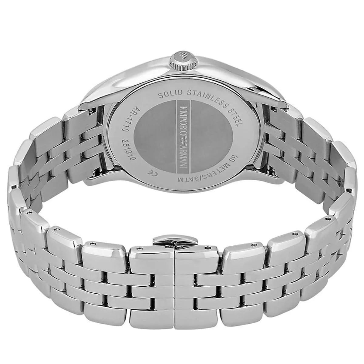 Emporio Armani AR1710 caseback showing solid stainless steel and movement details