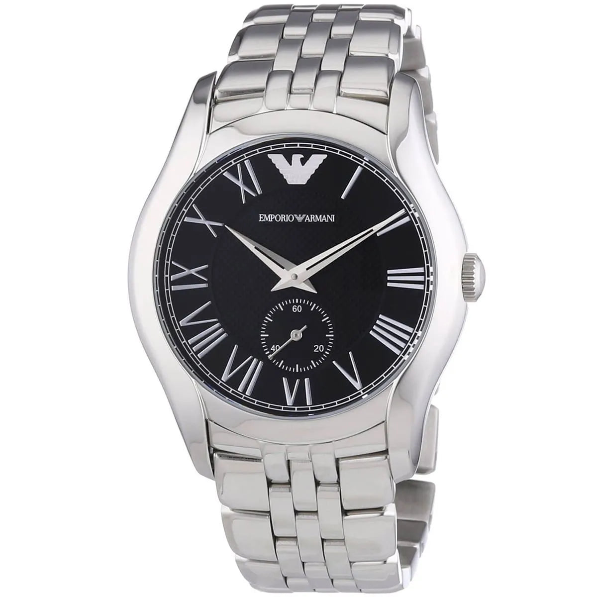 Emporio Armani AR1710 black dial watch with Roman numerals and stainless steel bracelet