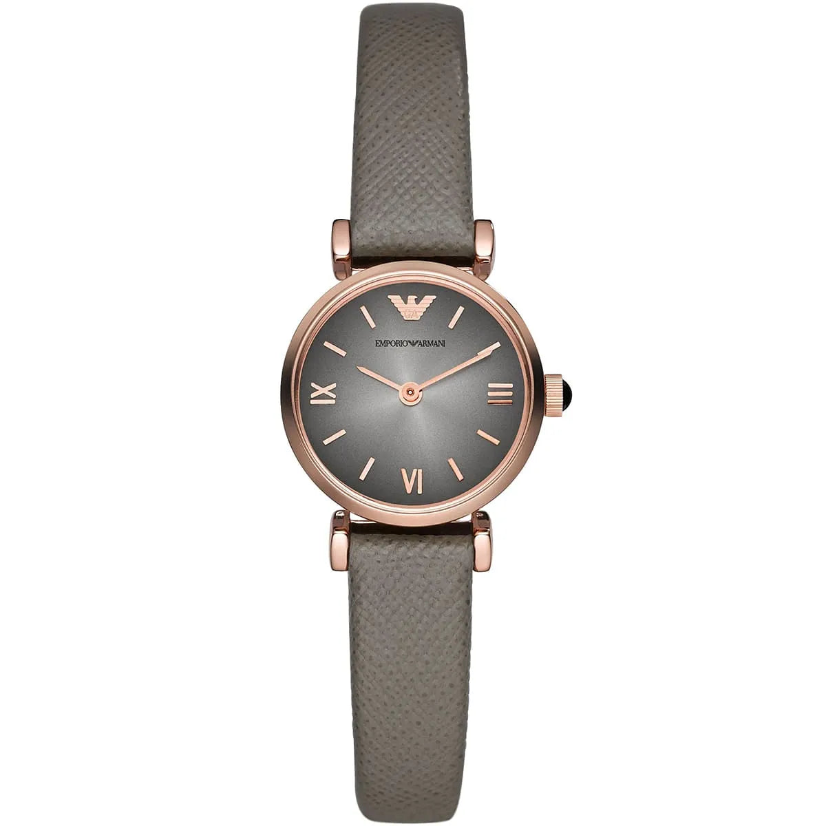 Emporio Armani AR1727 watch with rose gold case, gray dial, and gray leather strap
