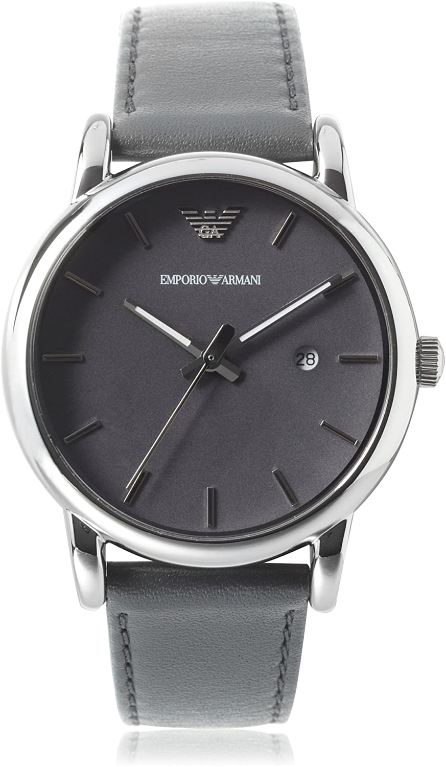 Emporio Armani AR1730 quartz watch angled view showing grey dial and leather strap