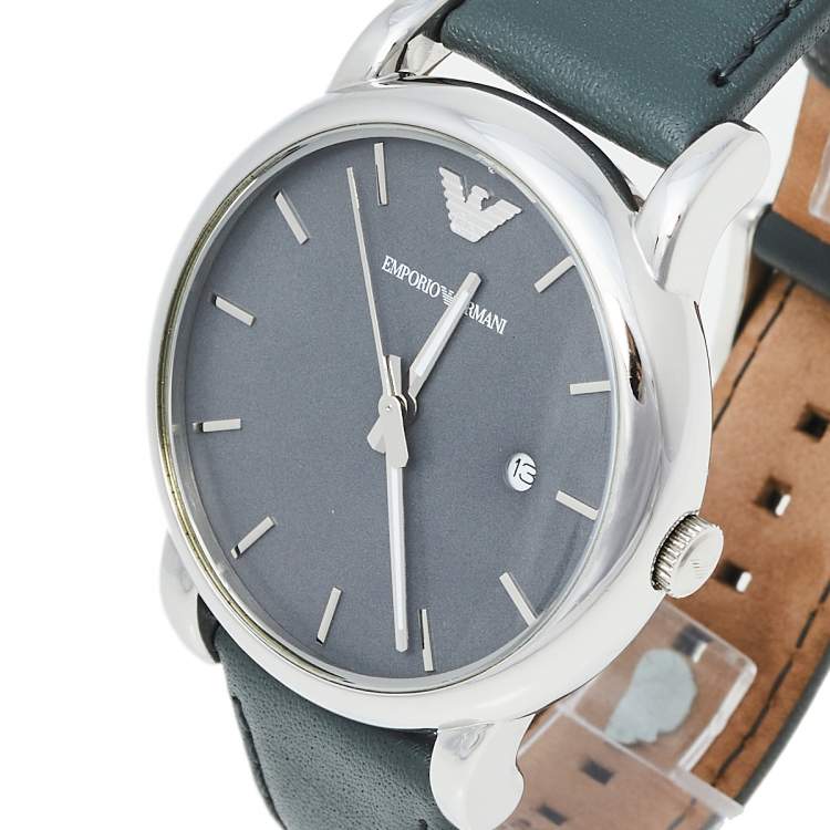 Emporio Armani AR1730 watch worn on wrist with grey dial and leather strap