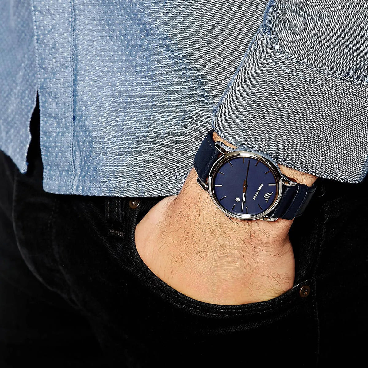 Emporio Armani Luigi AR1731 men's watch worn on wrist with navy dial and leather strap