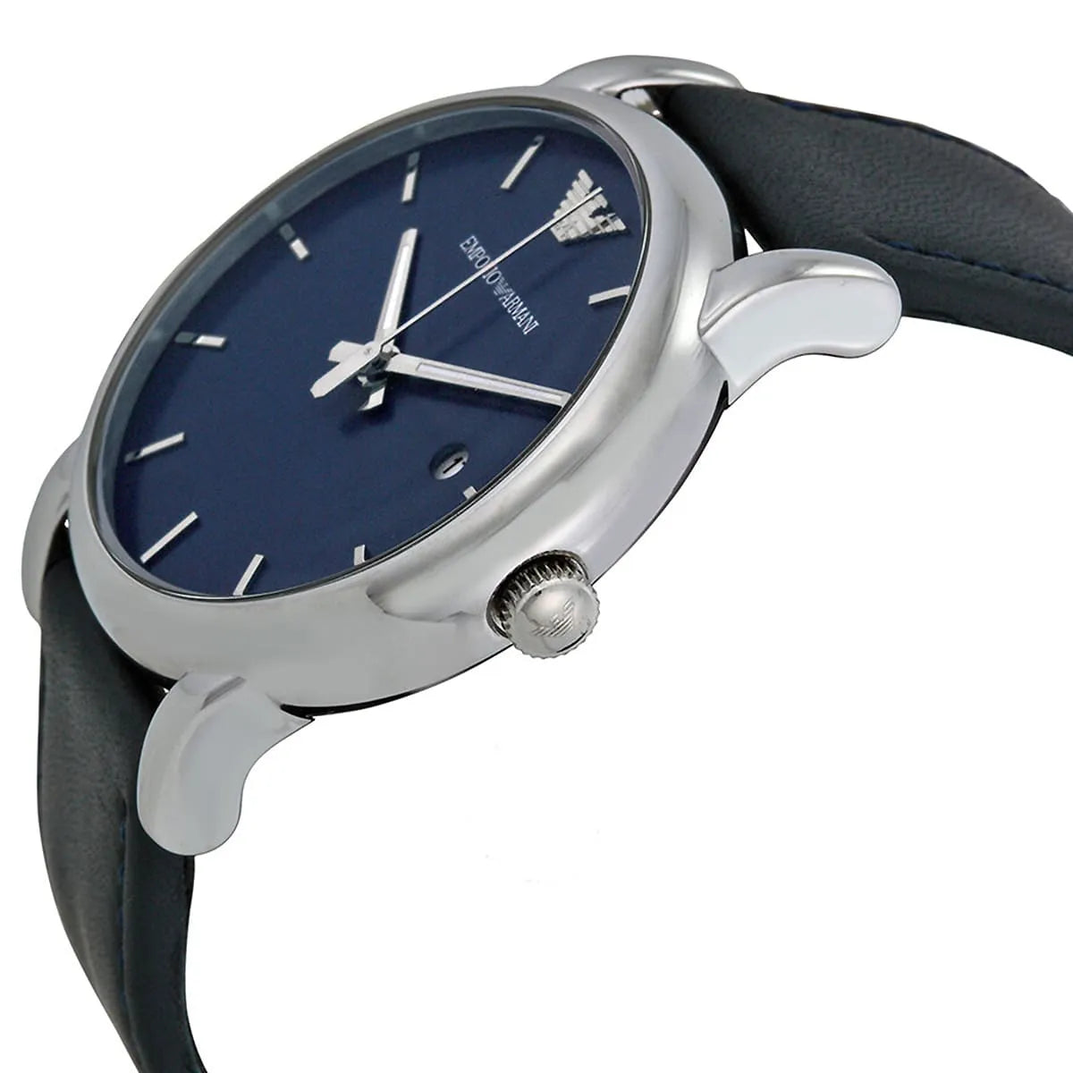 Emporio Armani Luigi AR1731 side view with crown and leather strap detail