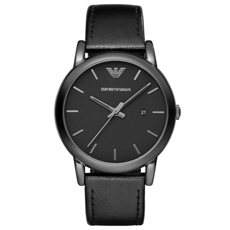 Emporio Armani AR1732 black dial watch with leather strap, date window at 3 o'clock