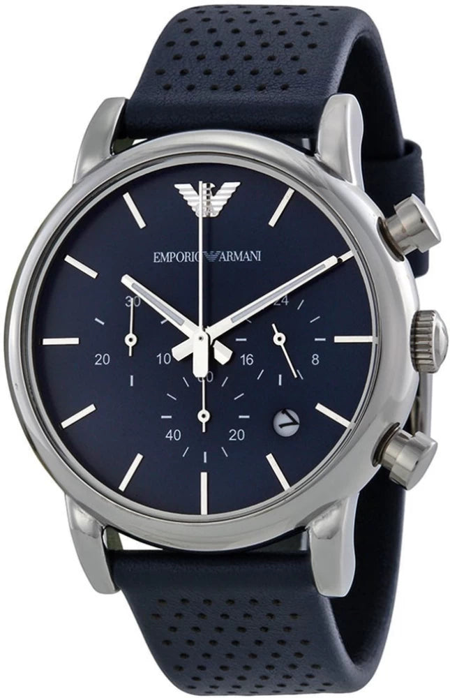 Emporio Armani Luigi AR1736 chronograph watch with blue dial and black leather strap on wrist