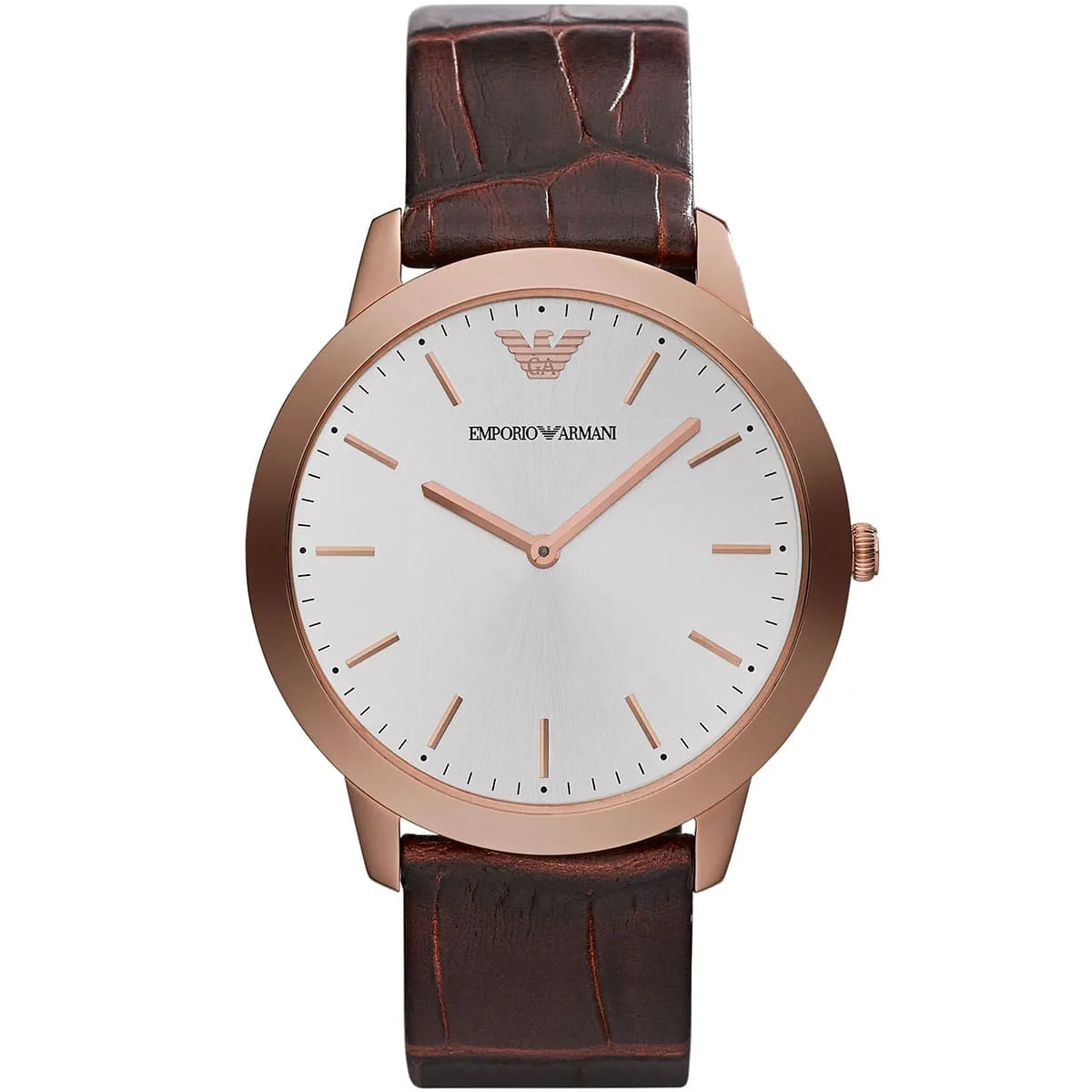 Emporio Armani Dino Slim AR1743 watch with white dial, rose gold case, and brown leather strap