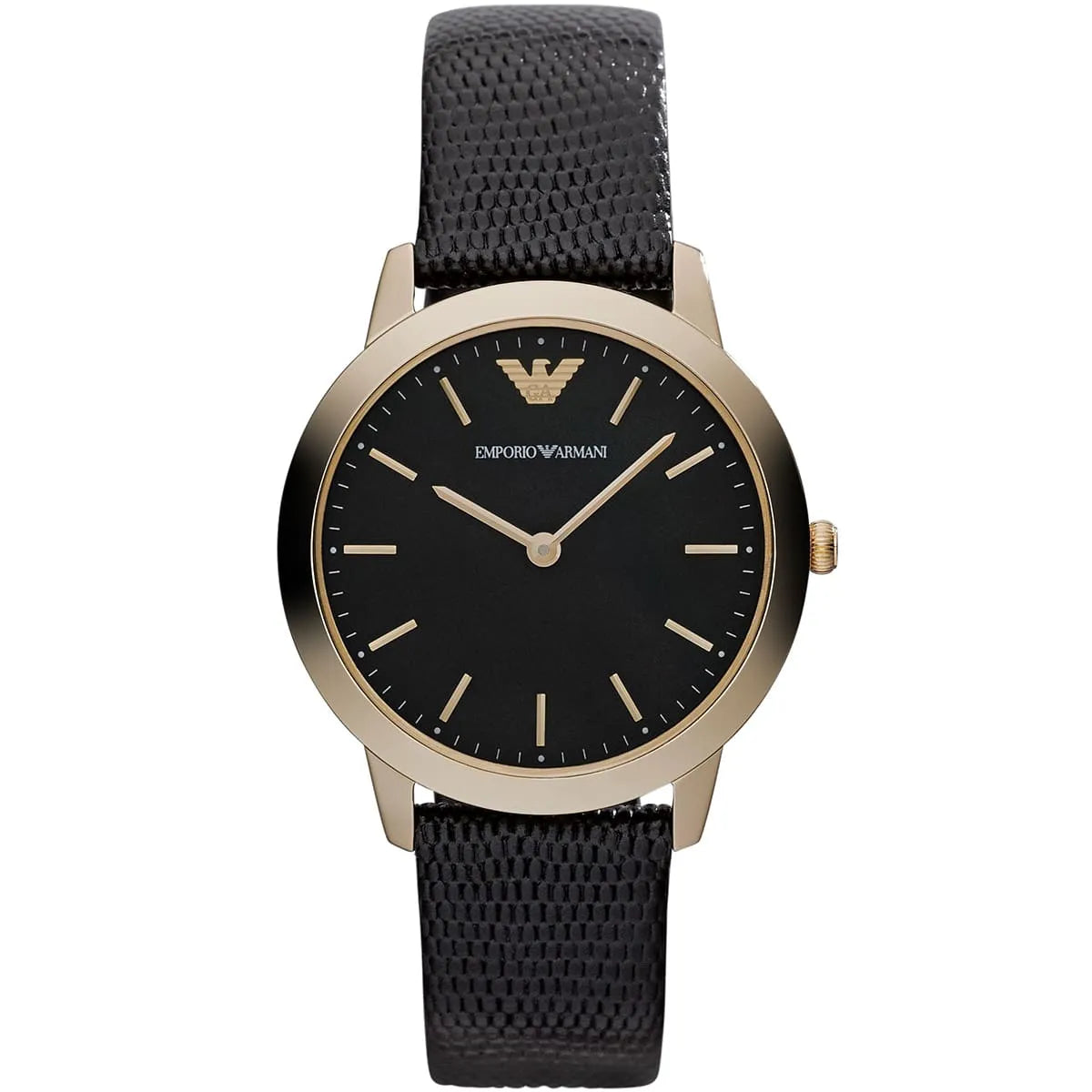 Emporio Armani Dino Slim Medium women's watch with black dial, rose gold case, and black leather strap